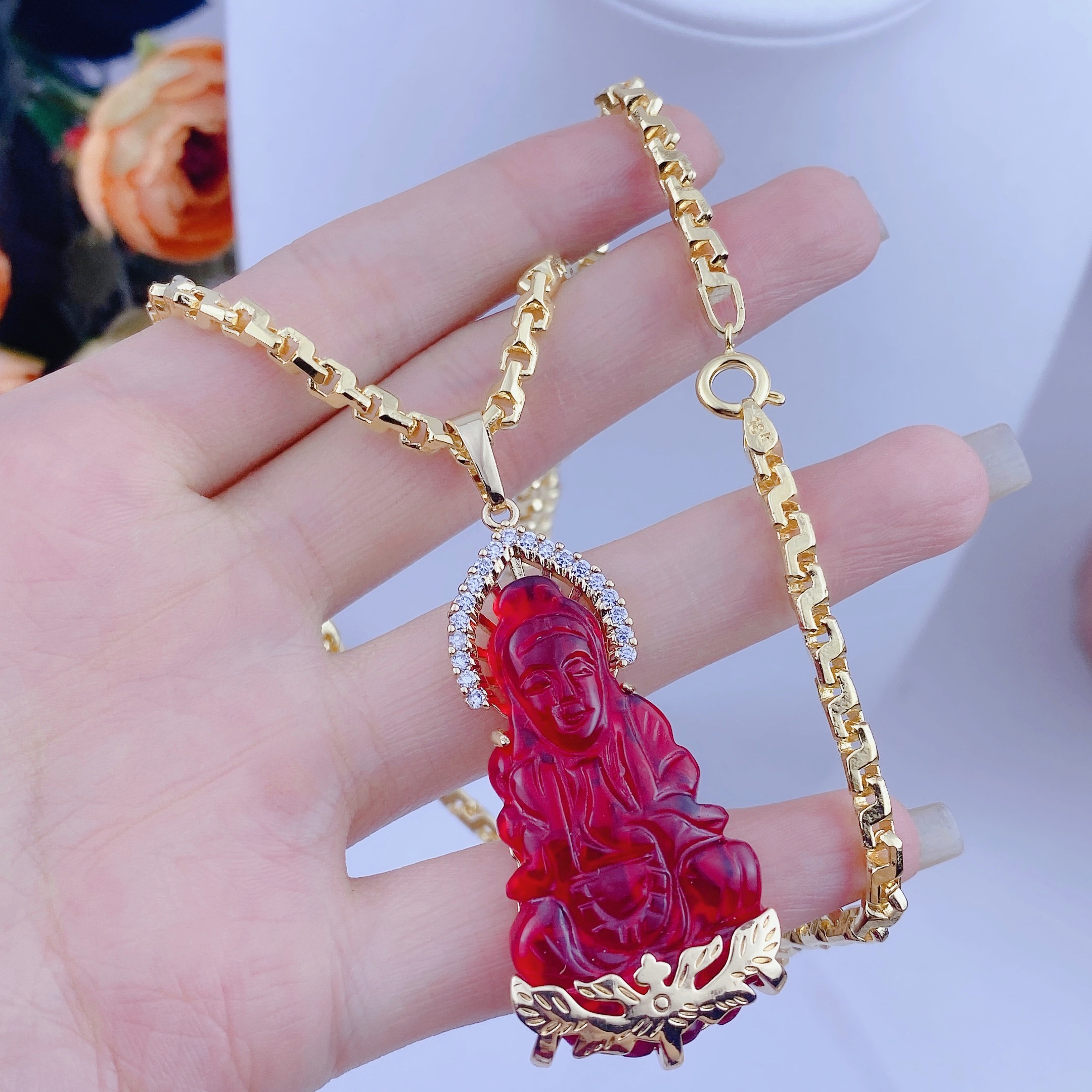 Dây chuyền nam bộ mặt quan âm đỏ dây công 5 chỉ 4 Bộ Mặt Quan âm đỏ Dây Công 5 Chi (2)