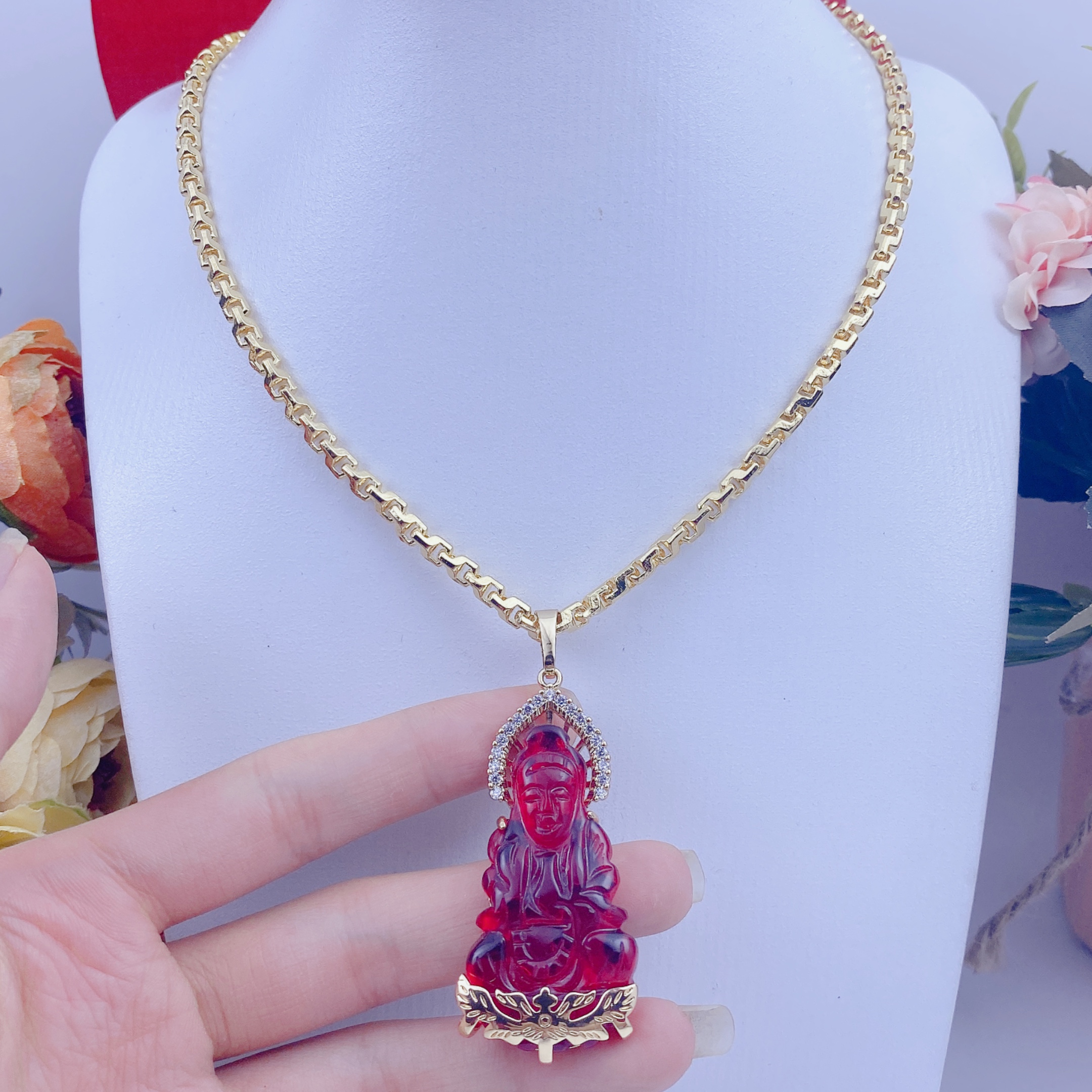 Dây chuyền nam bộ mặt quan âm đỏ dây công 5 chỉ 2 Bộ Mặt Quan âm đỏ Dây Công 5 Chi (5)