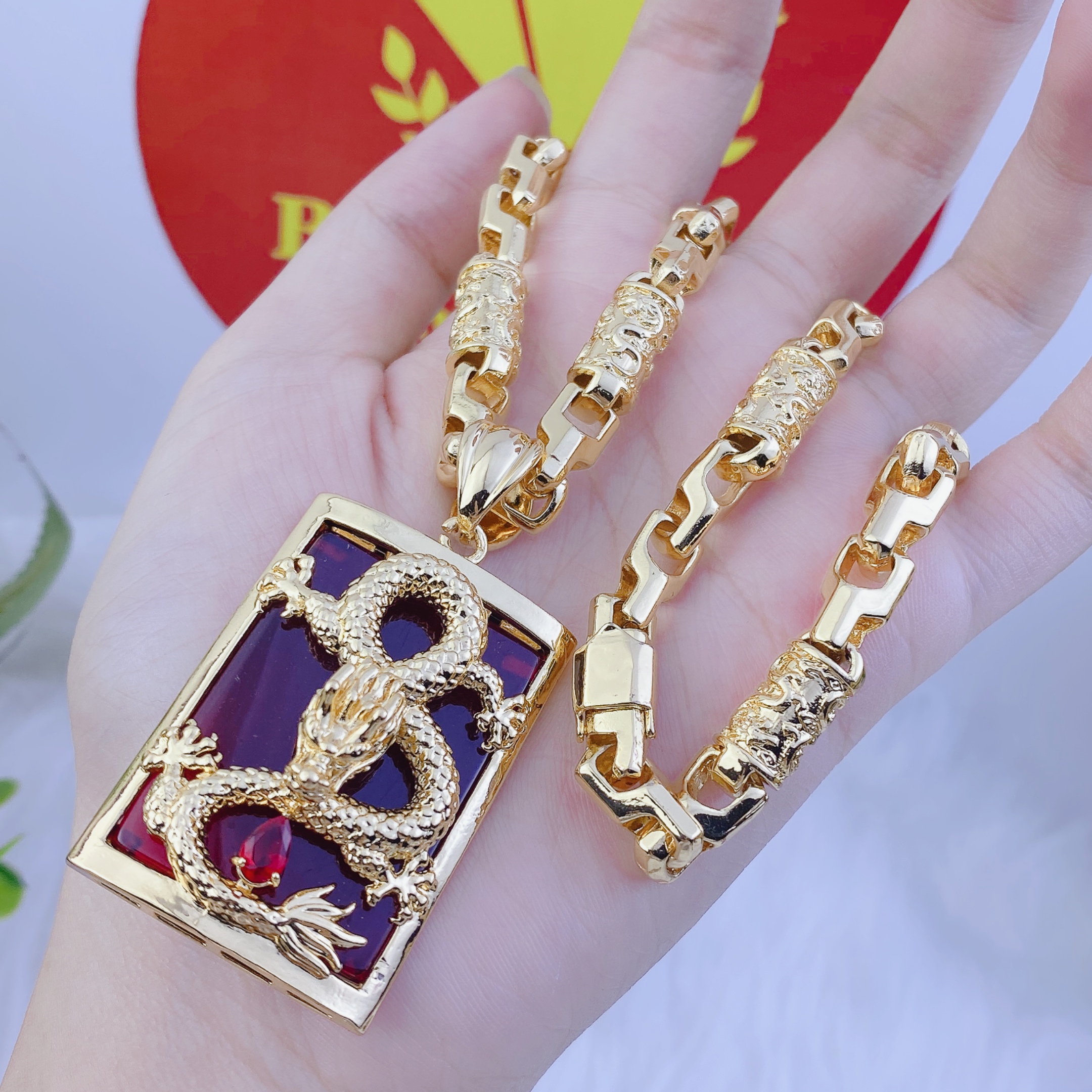 Dây chuyền nam bộ mặt rồng vuông đỏ dây rồng 1 Bộ Mặt Rồng Vuông đỏ Dây Rồng (1)