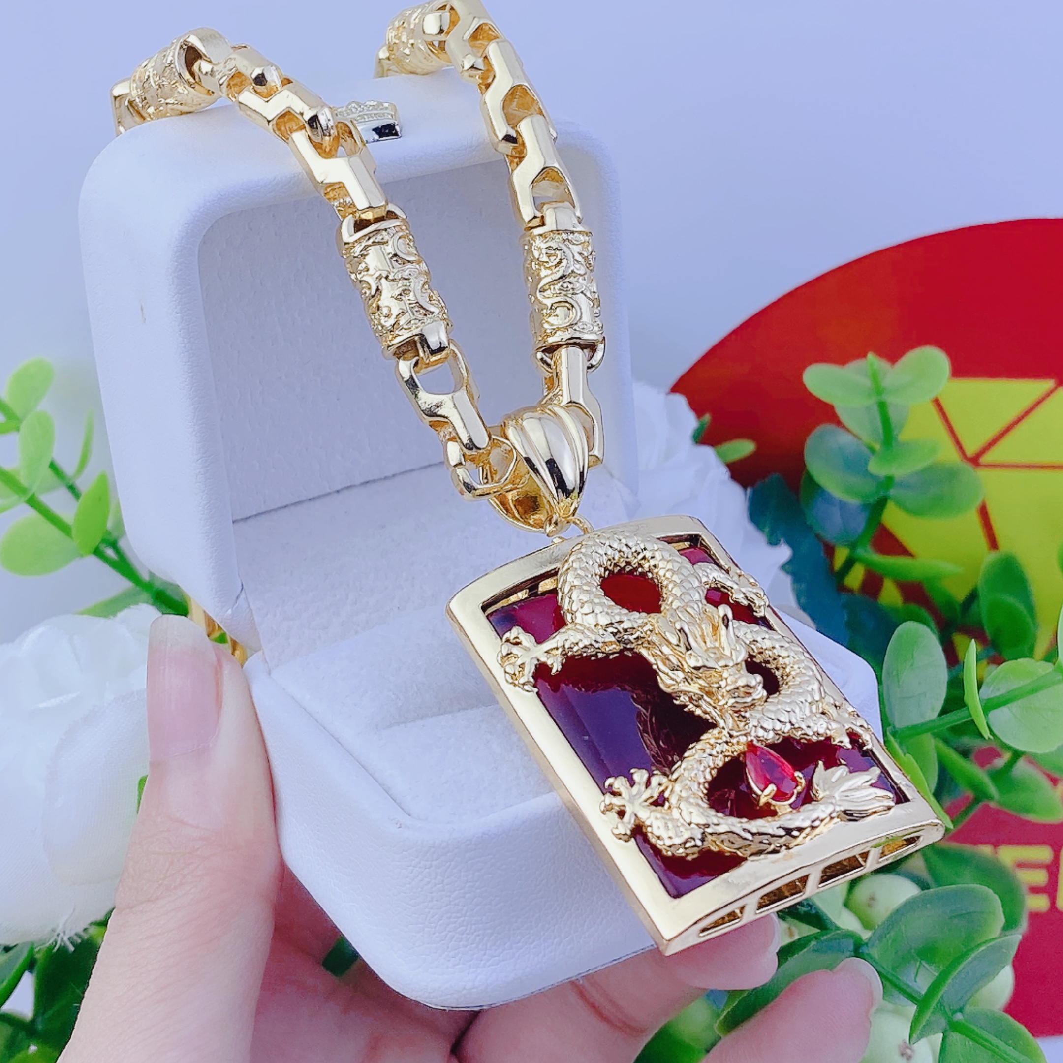 Dây chuyền nam bộ mặt rồng vuông đỏ dây rồng 4 Bộ Mặt Rồng Vuông đỏ Dây Rồng (2)