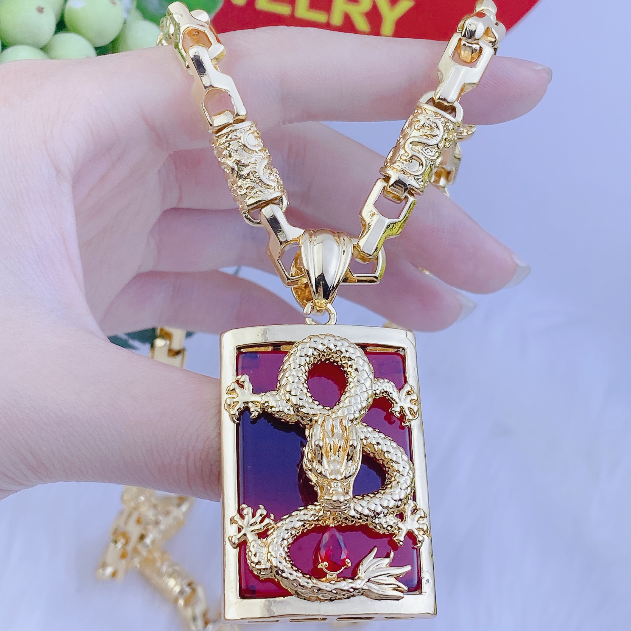 Dây chuyền nam bộ mặt rồng vuông đỏ dây rồng 2 Bộ Mặt Rồng Vuông đỏ Dây Rồng (4)