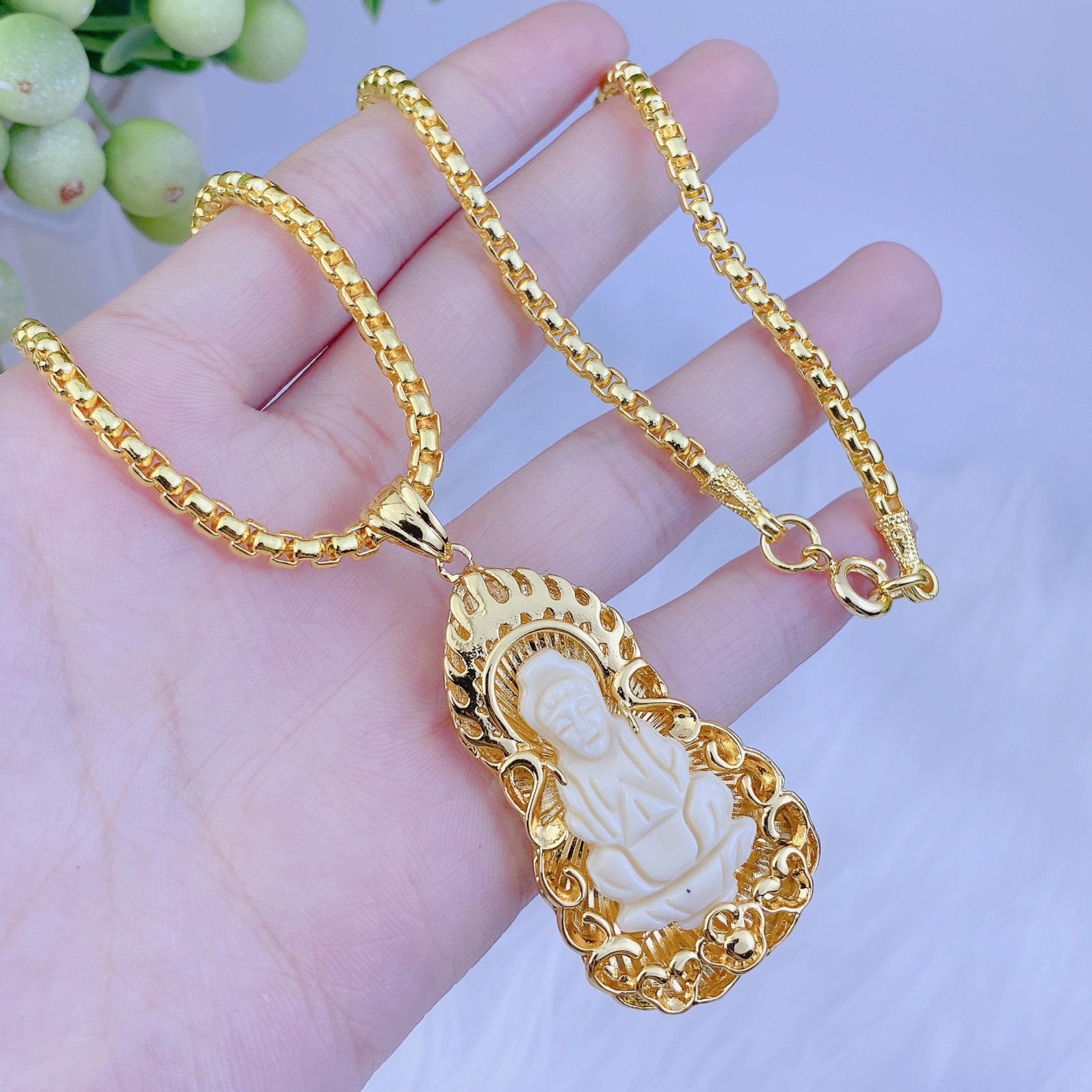 Dây chuyền nam bộ quan âm trắng dây công tròn 1 Bộ Quan âm Trắng Dây Công Tròn (2)