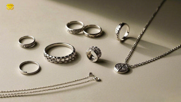 Bộ trang sức bạc thủ công gồm nhẫn, dây chuyền và bông tai, hoàn thiện vẻ đẹp thanh lịch.